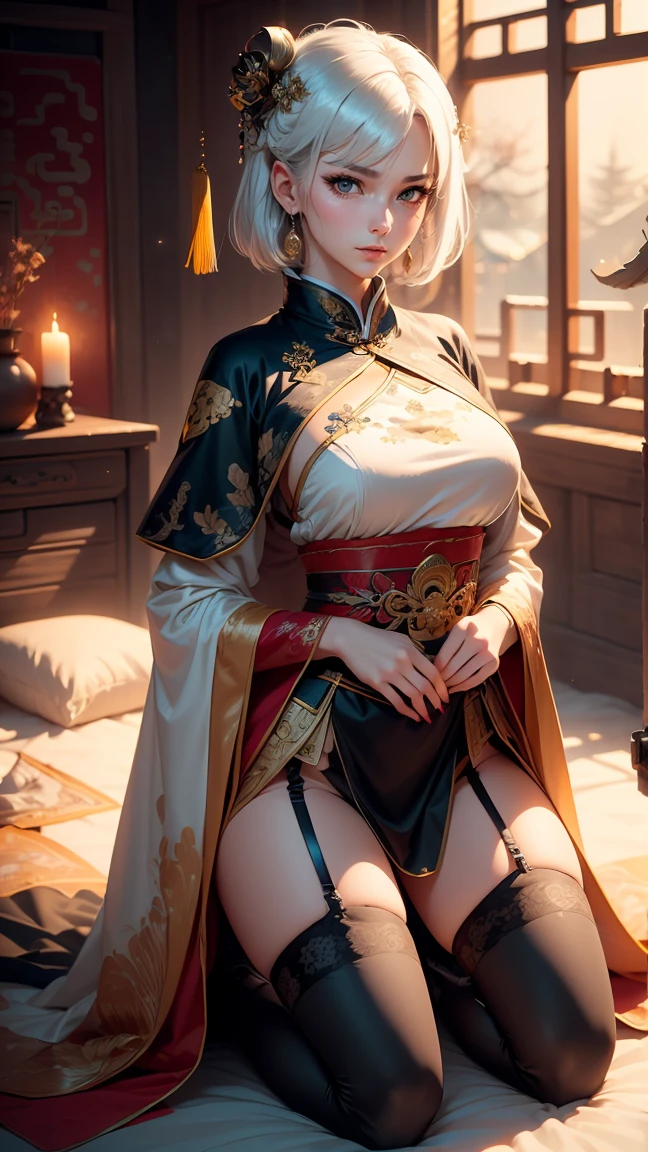 A very beautiful 19 year old woman, ((white  hair)), bob haircut, shorth hair, ((big yellow eyes:1,5)) ((light light yellow eyes:0,5)) ((bright yellow eyes:0,5)) red nails, young and beautiful face, brawny, slim body, but well proportioned, perfect white skin, high detailed drawing, lifelike face. (((Wearing traditional Chinese imperial clothing, black with gold decorations:1,2))) ((black clothes with gold details:0,5)) ((black cloak with golden decorations:0,5)) ((black dress with gold details,)) (((red skirt com detalhes dourados:1,5))) ((red skirt with gold details:0,5)) ((red skirt:0,3)) ((with red Hanafuda earrings:0,5)) ((black garter belt with thigh high stockings:0,3)) Kneeling on a white bed in an ancient Chinese room, with full moon and stars visible through the window at night, with flashes of light reflecting off your body. 4k anime art, perfect lighting.