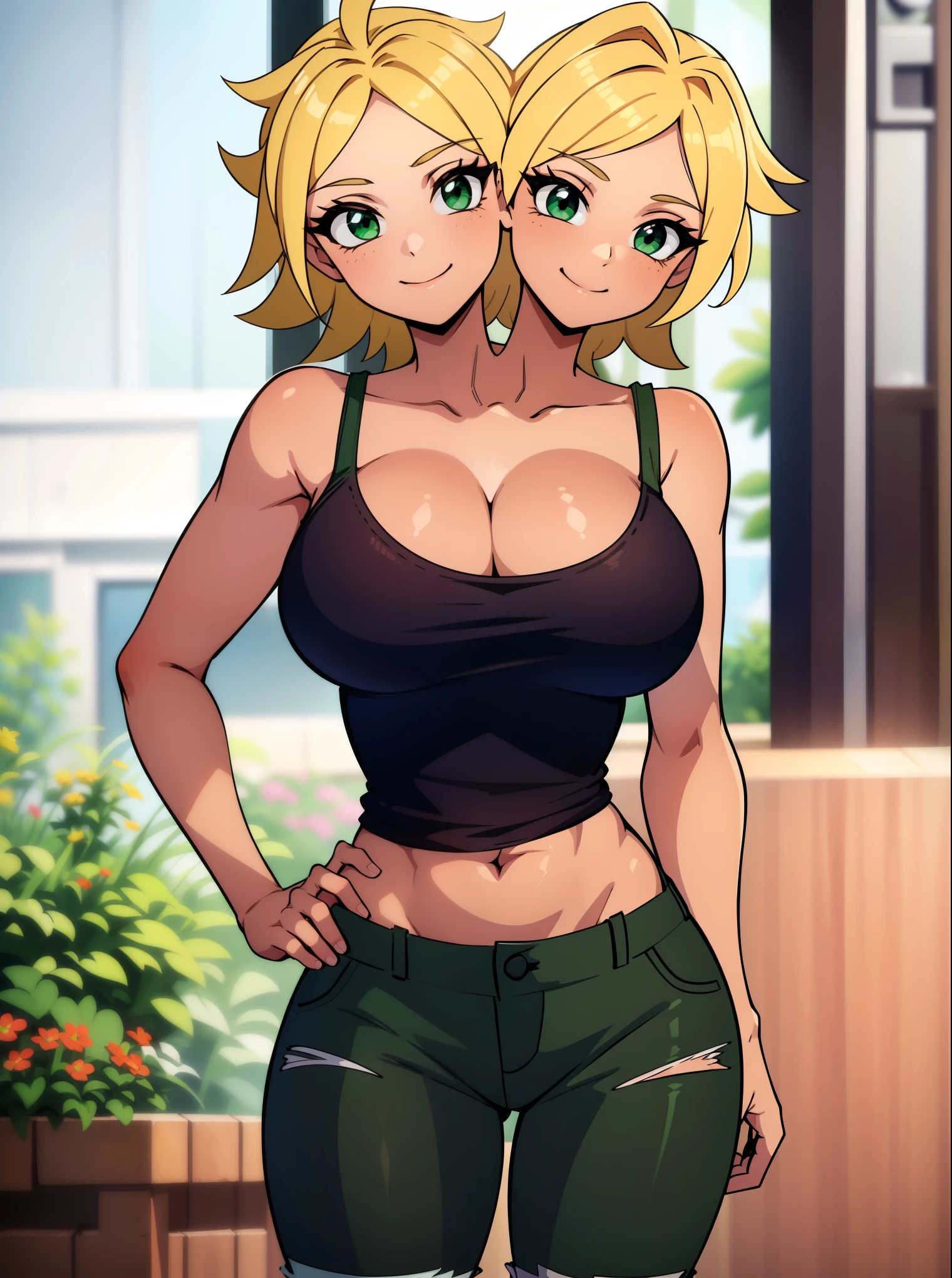 best quality, (masterpiece),(ultra-detailed), (high quality), (high resolution), ((2heads:1.5)), best quality:1.5, highres, UHD, 16K), smiling, highres, masterpiece, (blonde hair), (cleavage), (black short tank top), medium long hair, ((green denim shorts)), lustrous and smooth skin, (mature woman), (black eyes), (cute face), (exposed midriff), seductive silhouette, ((slim hips)), casual dress, sexy proportions, young girl with accentuated slender abs, long legs, seductive woman, lustrous woman, (large breasts), ((detailed eyes)), boots