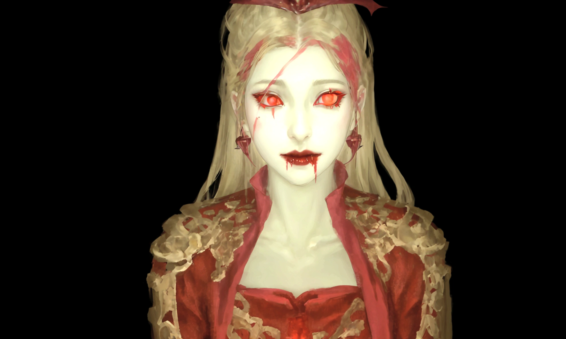 there is a woman with a red dress and a black background, with red glowing eyes, female vampire, with glowing red eyes, red glowing eyes, supermodel in silent hill, vampire the masquerade, eternal darkness, red eyes glowing, lilith, darksynth character portrait, glowing-eyes-and-mouth, glowing red eyes, androgynous vampire, vampire girl