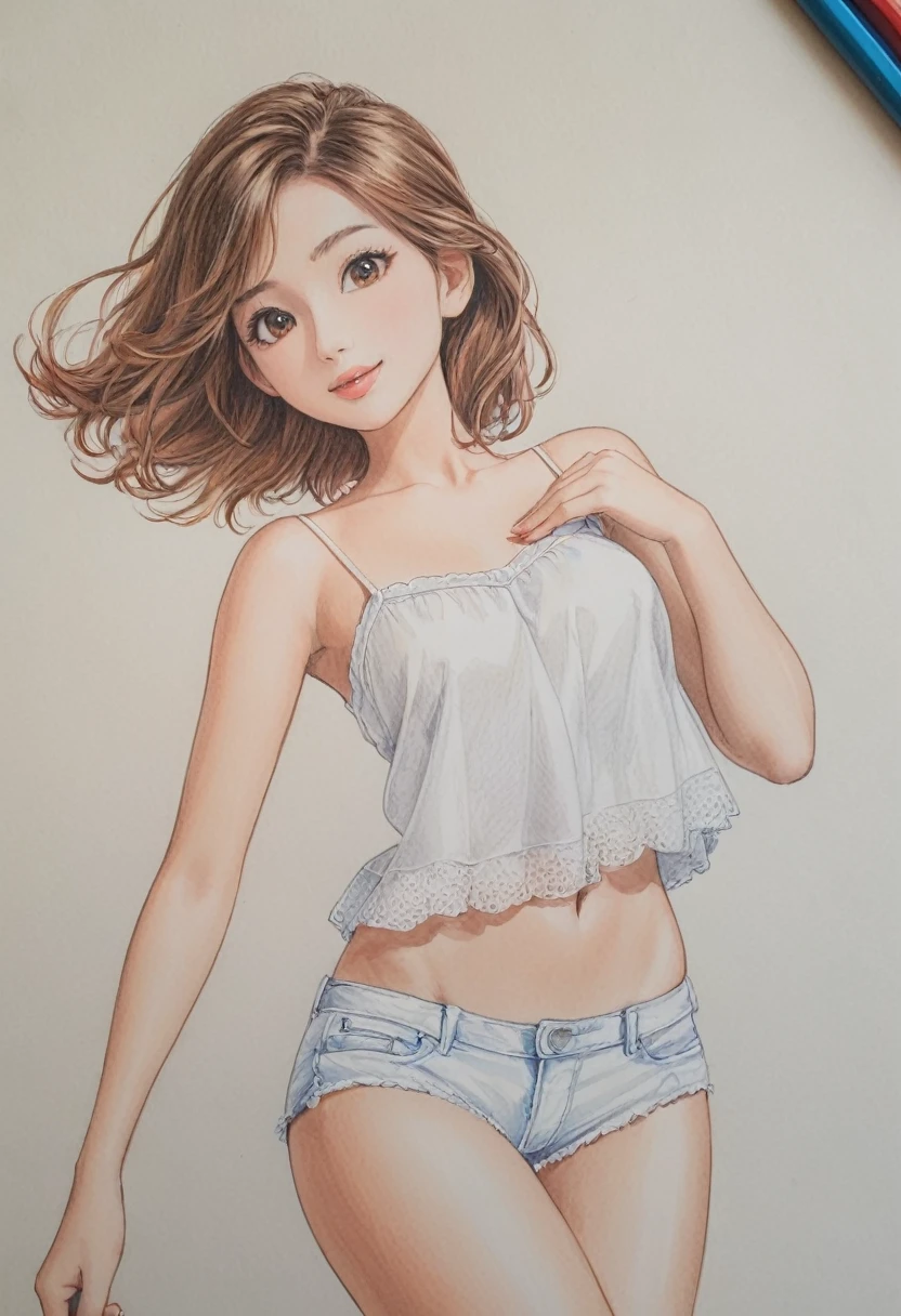female,Short camisole,offwhite,artistry,AD,color pencil drawing,draft drawing ,colagem de quADrinhos,illustration