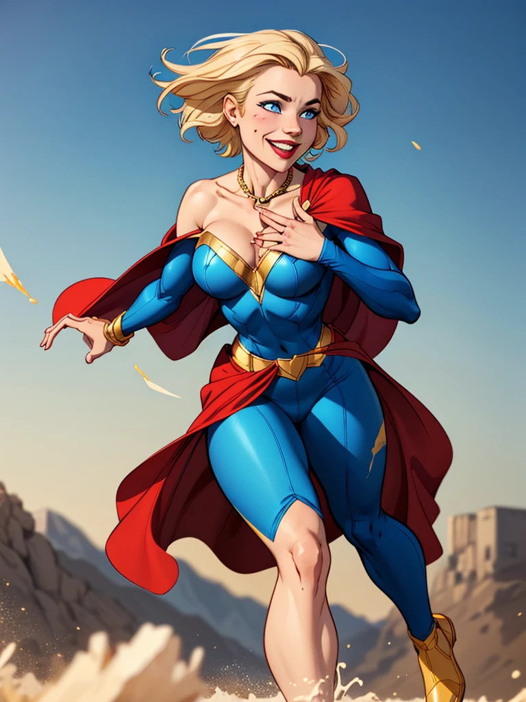 Young female, blonde with short hair, with big, bright blue eyes, wearing a blue costume, defined chest, wearing a golden shoulder pad in the shape of an eagle, with a golden chain running across his chest holding a red cape Smiling with blood splash on face and clothes 