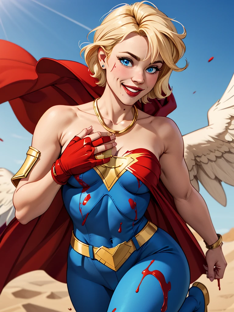 Young female, blonde with short hair, with big, bright blue eyes, wearing a blue costume, defined chest, wearing a golden shoulder pad in the shape of an eagle, with a golden chain running across his chest holding a red cape Smiling with blood splash on face and clothes 