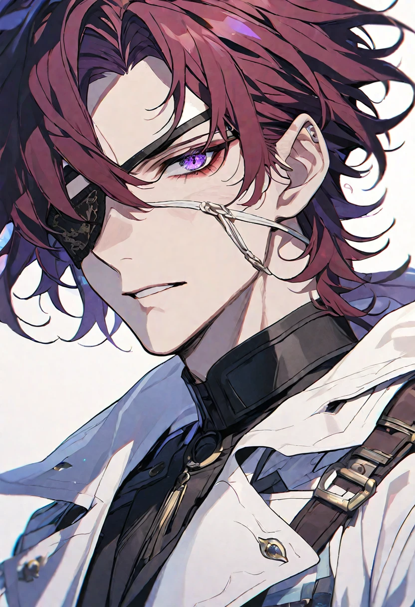 Solo, 1 male, dark red hair, purple eye, eye patch, white shirt, white coat