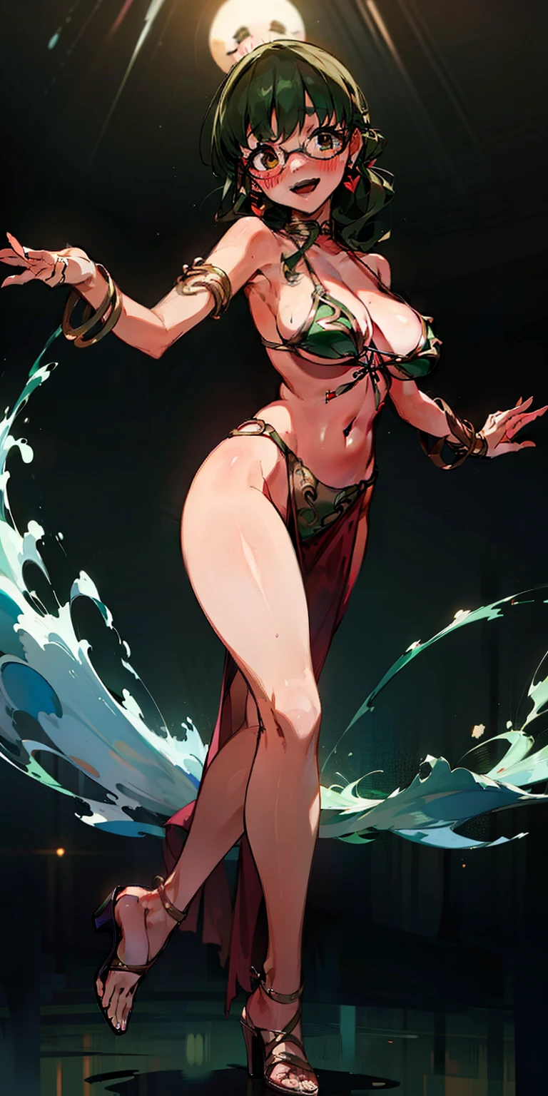 (Masterpiece), Best Quality, ultra-detailed, 1girl ( anosillus II, Slender and sexy body, Big and pretty breasts, dark green hair, long wave hair, brown eyes), a seductive face, smile, open mouth, solo, nose blush, blush, facing viewer, looking at viewer, slavekini, in the livingroom, night time, dance, a provocative dancing, sexy waist teasing, Full-body