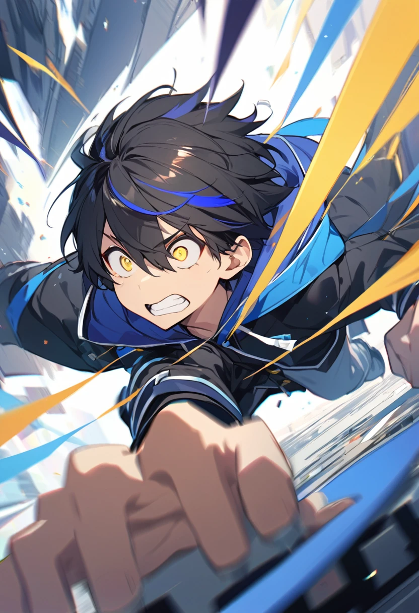 (One cute boy,blue-purplestreaked black hair,Shortcuts,yellow eyes,Sharp Eye,Hooded coat,Dynamic Angle)