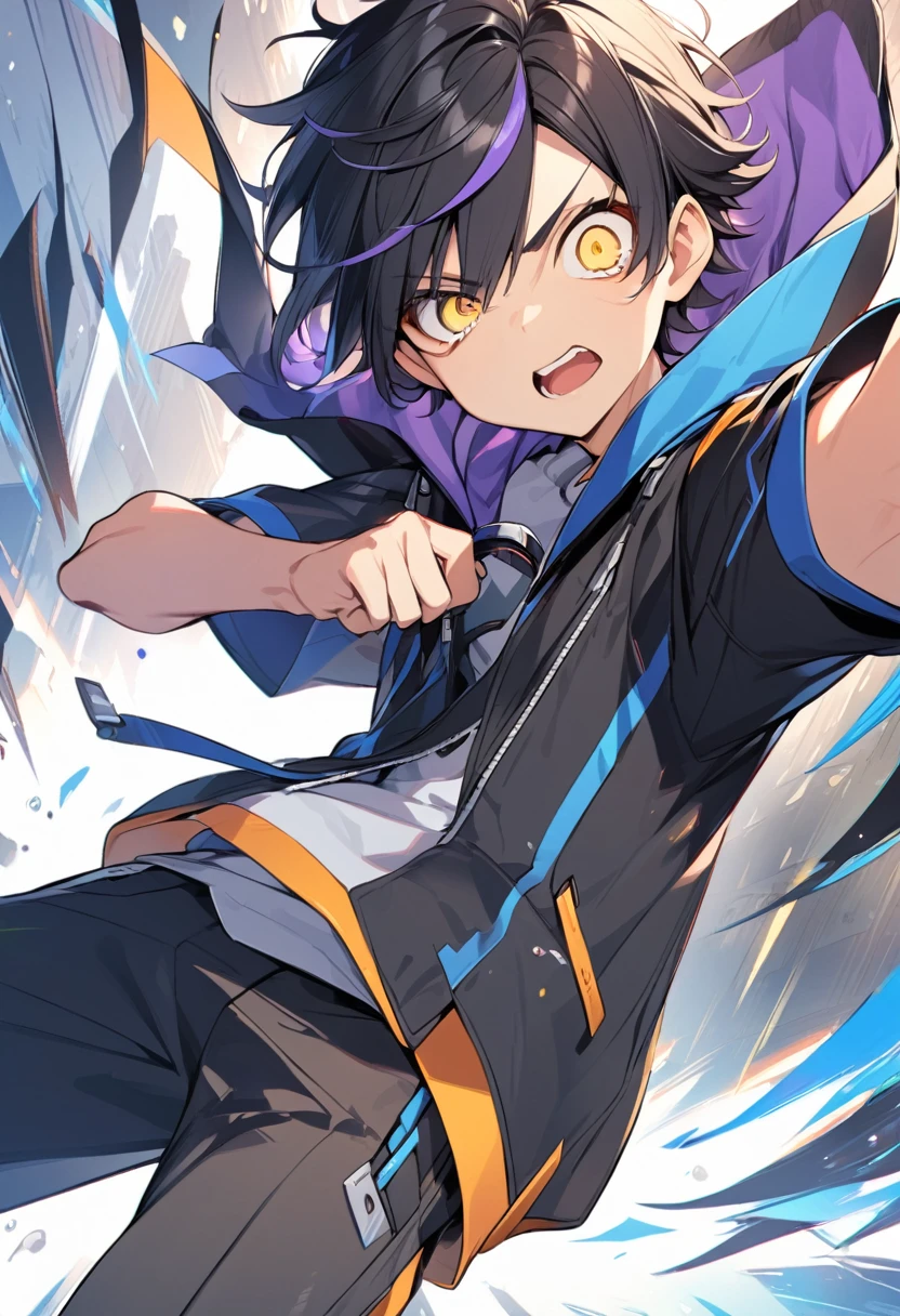 (One cute boy,blue-purplestreaked black hair,Shortcuts,yellow eyes,Sharp Eye,Hooded coat,Dynamic Angle)