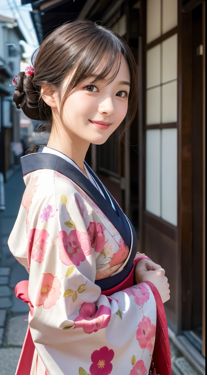Professional Lighting,(Realistic:1.4), (Top image quality:1.0), (超High resolution:1.0), 8K, Raw photography, (masterpiece:0.2), (Dealing with the Children_v1:0.5)、(最高quality Detail:1.2)、Realistic、8K Ultra HD、High resolution、(1 Girl:1.2)、超detailedな、High quality textures、複雑なdetailed、detailed、Very detailed CG、High quality shadows、detailed 美しく繊細な顔、Beautiful details and a delicate eye、(Symmetrical eyes:1.2),Written boundary depth、Ray Tracing,1 Girl, Japanese Girls, (Natural smile:1.4),cute, thin, Portrait of a beautiful Japanese woman in a kimono, Standing elegantly on a street corner in Kyoto. Kimono with vibrant traditional patterns, Hair decorated with elegant and delicate hairpins, Gentle expression. (With the old streets of Kyoto in the background:1.4)、The soft light of a spring afternoon、Adding tranquility to the scene. Rendered in a Realistic style with great attention to detail, High resolutionの画像.Sky Porn, Magic Hour, (Realistic:1.3), finely, quality, (Tabletop:1.2), (Realistic:1.2), (最高quality), (複雑なdetailed), dramatic, Ray Tracing, photograph, +roller