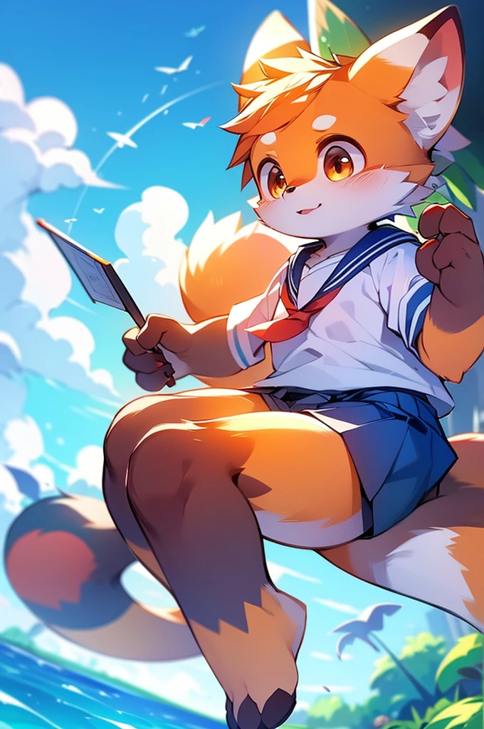 4K quality,High resolution, Female Red Panda, Ocean, Appeared wearing a sailor uniform! Sitting,fly in the sky, Two legs,
