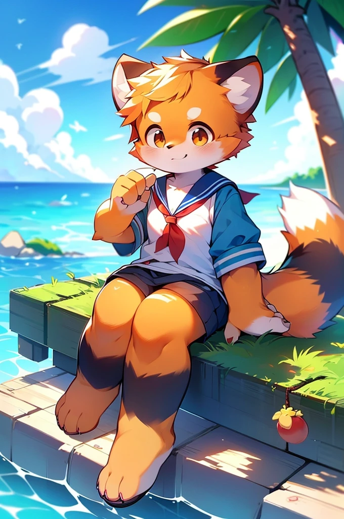 4K quality,High resolution, Female Red Panda, Ocean, Appeared wearing a sailor uniform! Sitting,fly in the sky, Two legs,