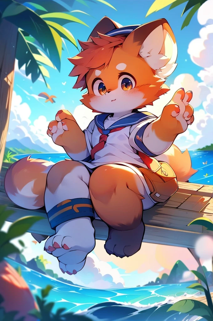 4K quality，High resolution， Female Red Panda, Ocean，　　Appeared wearing a sailor uniform!  Sitting,fly in the sky，               Two legs，