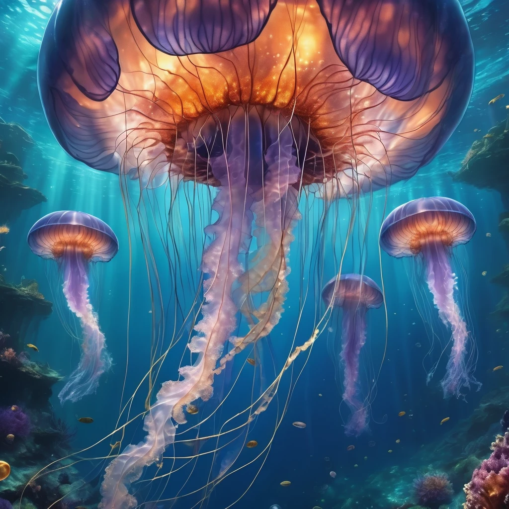 behind into the jellyfish there is a whale diving, in the center of the frame sits a mesmerizing neuron jellyfish, transparent body filled Top quality, masterpiece, giant jellyfish like jewels, shining ore, deep sea
