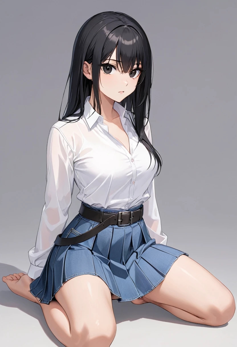 mini skirt , bare foot , white dress shirt , face , denim skirt , assassin , whole body , bare legs ,black hair , black eyes , straight hair , thighs , whole body , pleated skirt , sexy women , long sleeves , waist belt , casual , kneeling , sitting straight , front view
