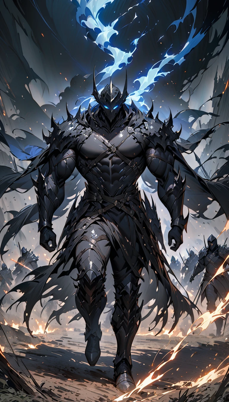 male black shadow ghost knight walking away from a battlefield, shadow, black, knight, ghost knight, full body view, Facing the front, shadow knight, glowing blue eyes,ชุดเกราะknightสีดํา , ผ้าคลุมขนสัตว์black(Masterpiece,best quality,special, (Broad shoulders)) (muscle), black smoke, dark, Masterpiece, Masterpiece lighting