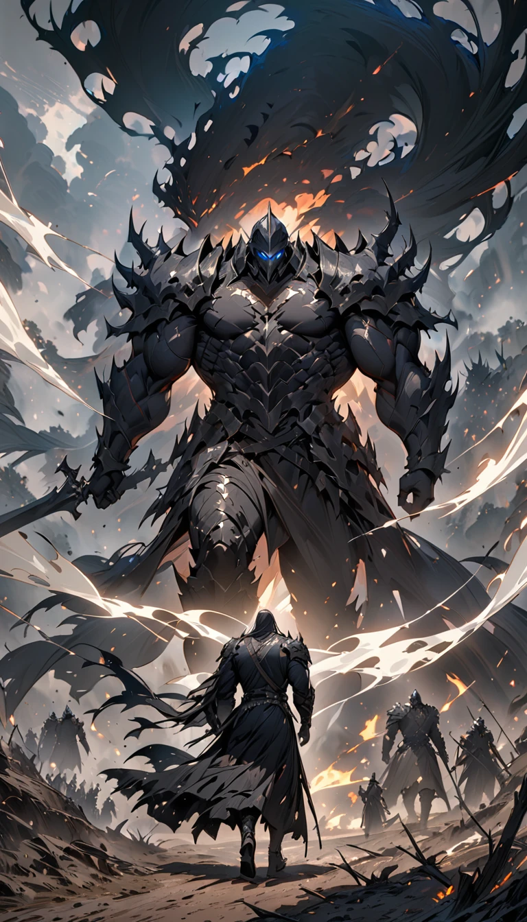 male black shadow ghost knight walking away from a battlefield, shadow, black, knight, ghost knight, full body view, Facing the front, shadow knight, glowing blue eyes,ชุดเกราะknightสีดํา , ผ้าคลุมขนสัตว์black(Masterpiece,best quality,special, (Broad shoulders)) (muscle), black smoke, dark, Masterpiece, Masterpiece lighting