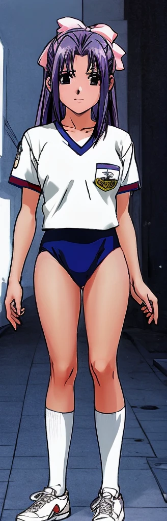 Momoko Koigakubo, a tall girl with beautiful legs, is standing with her legs spread to the sides in a white gym uniform and light navy blue bloomers that look like panties.。