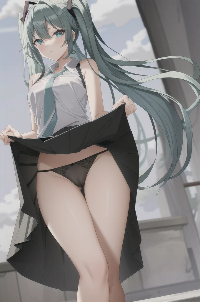 sexy pose, skirtlift hatsunemiku, miku hatsune, ahoge, aqua eyes, aqua hair, crossed bangs, hair between eyes, hair ornament, headphones, long hair, twintails, BREAK aqua necktie, black footwear, black skirt, black sleeves, boots, collared shirt, detached sleeves, grey shirt, necktie, pleated skirt, shirt, skirt, sleeveless, sleeveless shirt, thigh boots, tie clip, BREAK looking at viewer, BREAK outdoors, city, BREAK (masterpiece:1.2), best quality, high resolution, unity 8k wallpaper, (illustration:0.8), (beautiful detailed eyes:1.6), extremely detailed face, perfect lighting, extremely detailed CG, (perfect hands, perfect anatomy), Get blush, (Best Quality: 1.5), (black-red lingerie panties). (((Twisting the skirt))). Detailed female genitalia. (((Trembling girl ))). Big Breast. get blush. (((Grabbing the hem of the skirt))). Pants with drawstrings on the sides. Full body standing. Pubic tattoo,