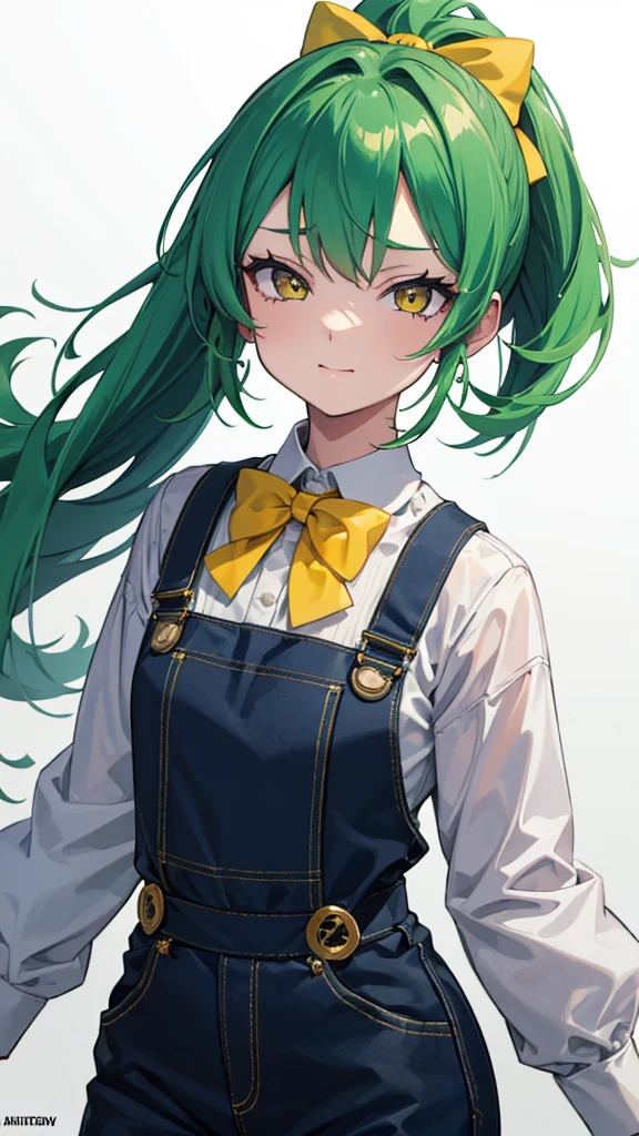 upper body,1girl,9 year old girl,green hair,yellow eyes,low ponytail,white suit,green overalls,Purple bow tie,hyper detailed,cinematic lighting,detailed face,best quality,masterpiece,blue background