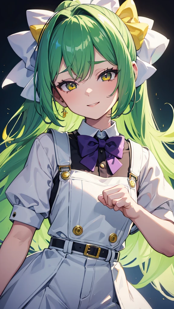 upper body,1girl,9 year old girl,green hair,yellow eyes,low ponytail,white suit,green overalls,Purple bow tie,hyper detailed,cinematic lighting,detailed face,best quality,masterpiece,blue background