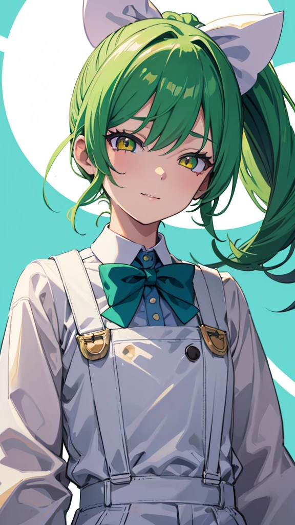 upper body,1girl,9 year old girl,green hair,yellow eyes,low ponytail,white suit,green overalls,Purple bow tie,hyper detailed,cinematic lighting,detailed face,best quality,masterpiece,blue background
