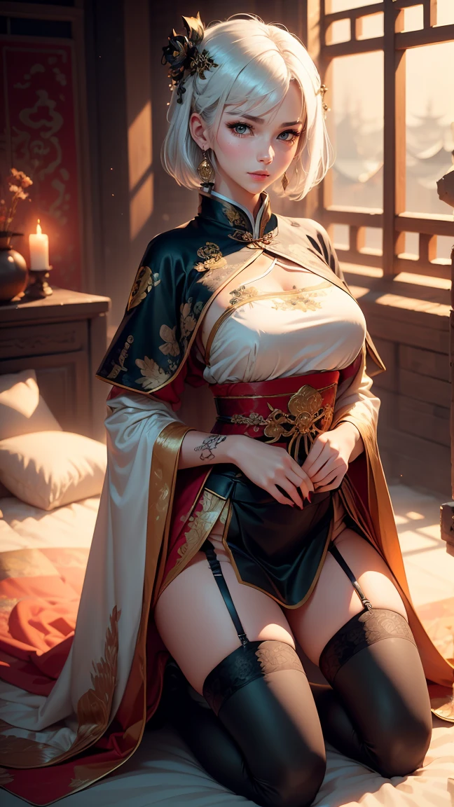 A very beautiful 19 year old woman, ((white  hair)), bob haircut, shorth hair, ((big yellow eyes:1,8)) ((light light yellow eyes:0,5)) ((bright yellow eyes:0,5)) red nails, young and beautiful face, brawny, slim body, but well proportioned, perfect white skin, high detailed drawing, lifelike face. (((Wearing traditional Chinese imperial clothing, black with gold decorations:1,2))) ((black clothes with gold details:0,5)) ((black cloak with golden decorations:0,5)) ((black dress with gold details,)) (((red skirt com detalhes dourados:1,5))) ((red skirt with gold details:0,5)) ((red skirt:0,3)) ((with red Hanafuda earrings:0,5)) ((black garter belt with thigh high stockings:0,3)) Kneeling on a white bed in an ancient Chinese room, with full moon and stars visible through the window at night, with flashes of light reflecting off your body. 4k anime art, perfect lighting.