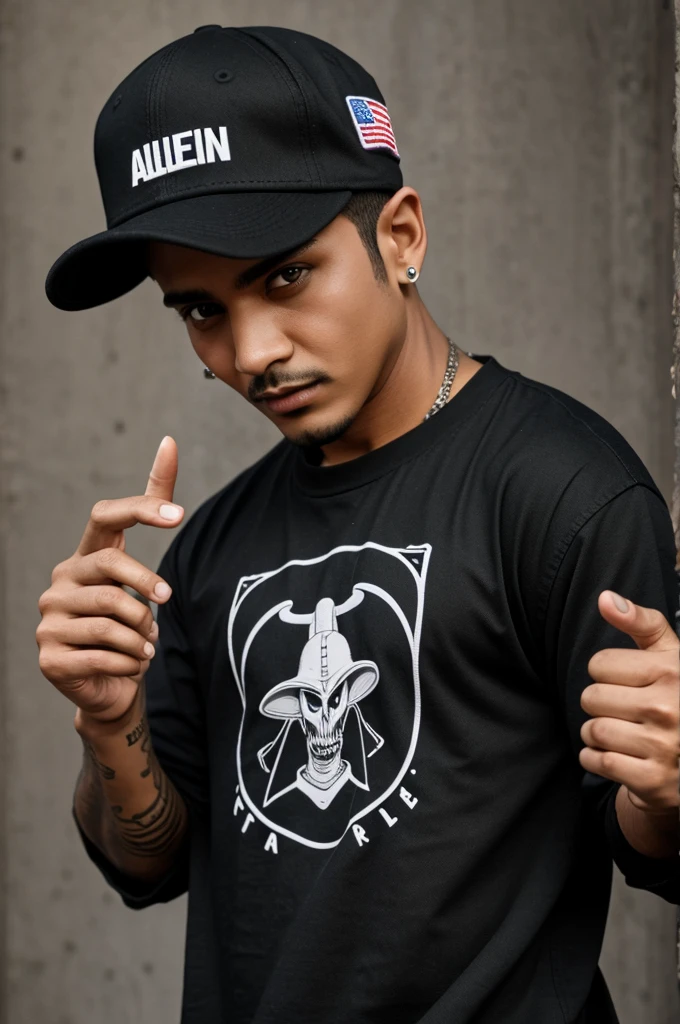 Alien wearing cholo clothes with a cap sticking out his middle finger