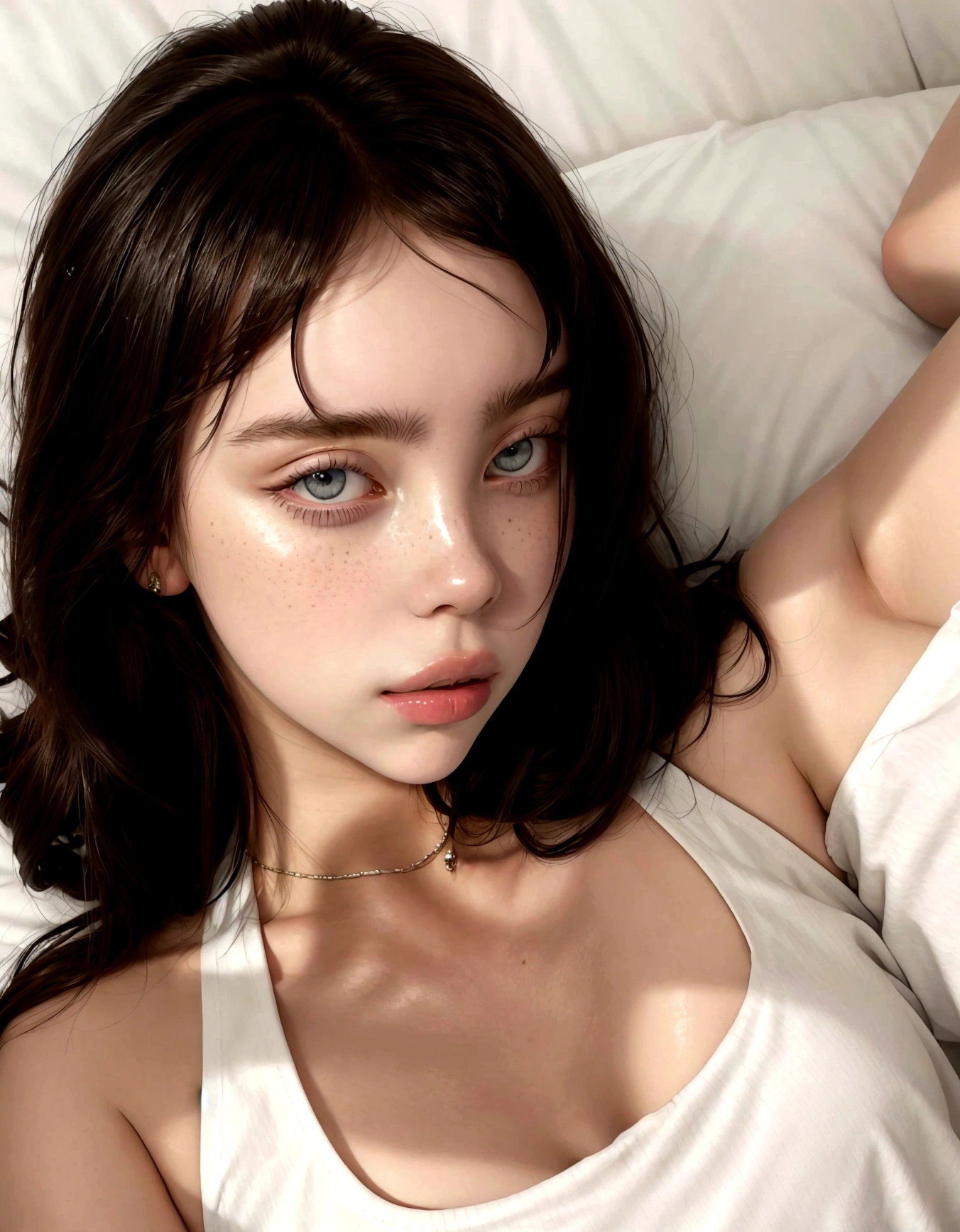 a close-up of a woman lying on a bed wearing a white t-shirt, Portrait Sophie Mudd, beautiful latin face, cara sexy, Madison Beer, beautiful body and face, pretty-face-fine girl, beautiful delicate face, Instagram Template, Madison Beer girl portrait, beautiful detailed body and face, soft freckles, extremely beautiful face, Dua Lipa