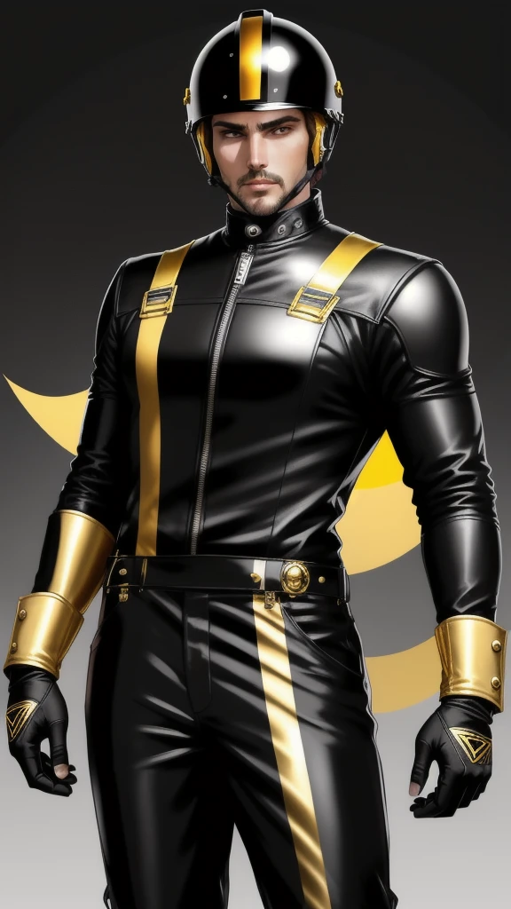 A avatar of a tall man, a misterious racer, stands trusting in a black racing helmet, adorned with gleaming gold accents, paired with sleek black overalls with a gold vertical stripes and vibrant black gloves, striking a victory pose. in a neutral background. High Quality, Realistic (Helmet) (right arm up)