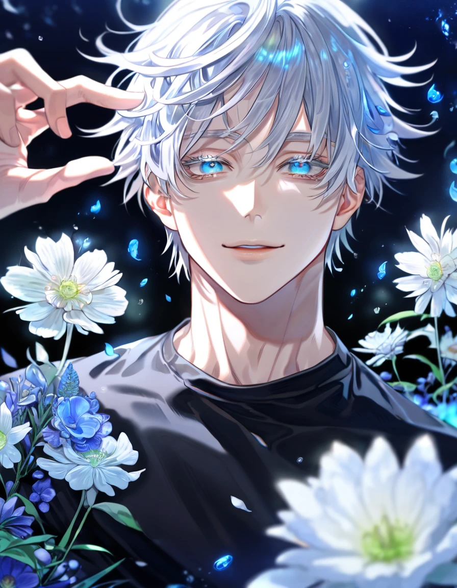 absurdres, highres, ultra detailed, HDR, master piece, Okkotsu Yuuta, white hair, white eyelashes, expressive blue eyes, Jujutsu Kaisen, sexy man, handsome, best quality, blue moon, flowers, fantasy, magical, solo, water, blue shining fireflies, blue petals, black tight shirt, handsome smile,