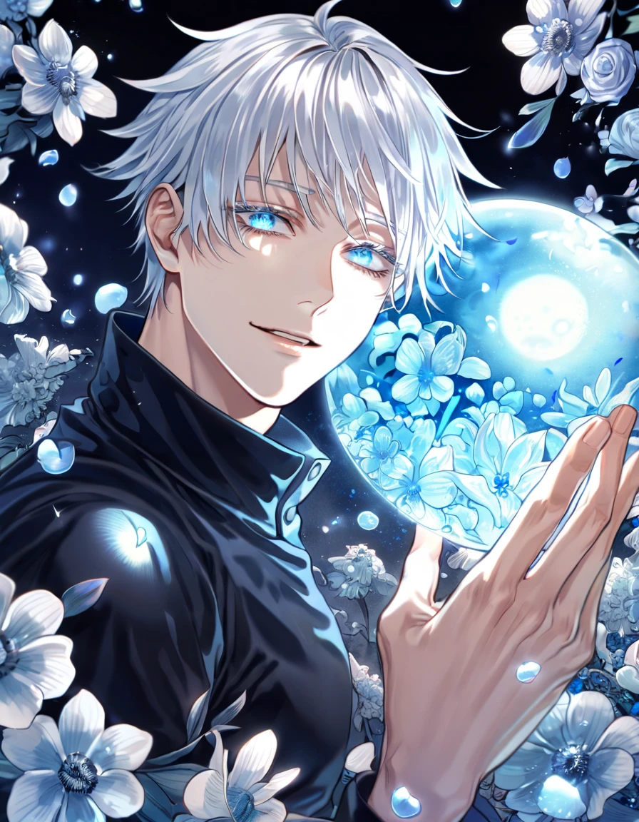 absurdres, highres, ultra detailed, HDR, master piece, Okkotsu Yuuta, white hair, white eyelashes, expressive blue eyes, Jujutsu Kaisen, sexy man, handsome, best quality, blue moon, flowers, fantasy, magical, solo, water, blue shining fireflies, blue petals, black tight shirt, handsome smile,