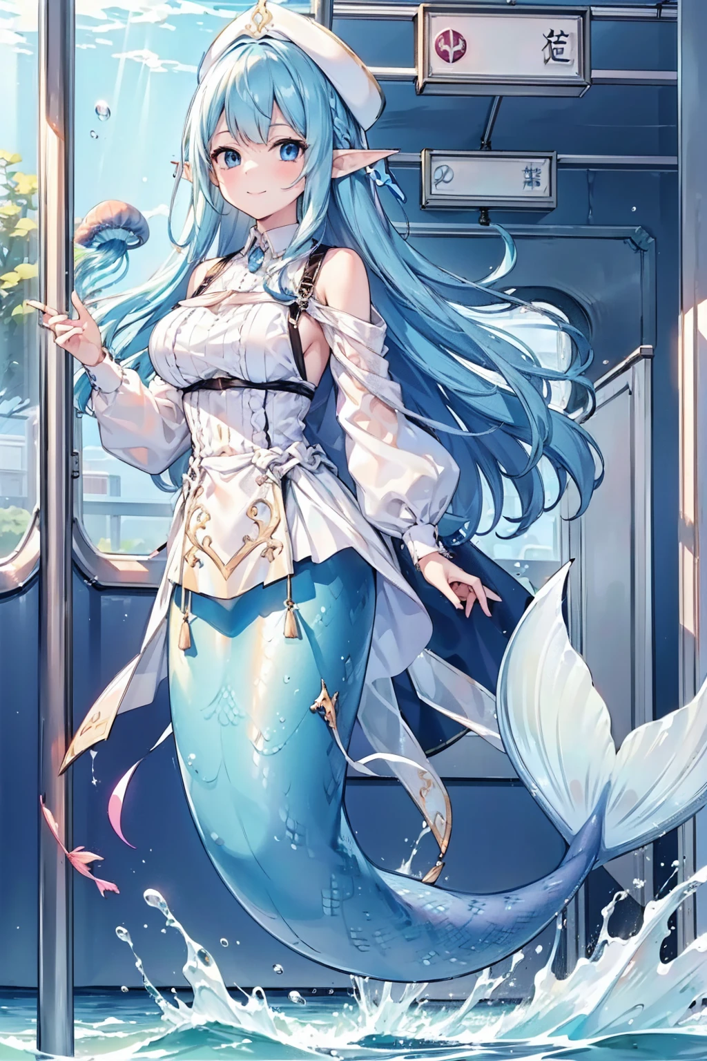 masterpiece, best quality,A girl,Blue Hair,White Dress,Ahoge,blue eyes, Elf ears,独奏,Large Breasts,Mermaid,蓝色的Mermaid尾巴,full-body shot,transportation facilities_against_window,blue theme, (in water:1.2), (air bubble:1.3), Inside the train, (surreal:1.2), (jellyfish:1.2), (whale:1.1),(fish:1.2),blurred foreground,charming face(Kawaii, charming,Soft),Looking at the audience,Smile