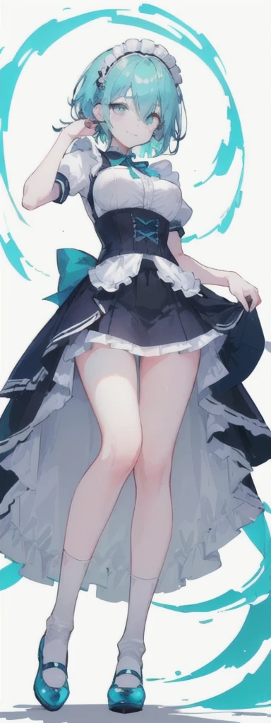 (short hair) cyan eyes, (Eyes behind long bangs) big breasts, using accessories (using socks) perfect shiny beautiful cyan shoes (Wearing luxurious palace maid clothes Perfect perfect noble) Pose facing sideways (Girl1, straight hair not too long, bangs covering one eye, soft face, gentle smile) ((Standing position with long legs, bare thighs, image position visible from bottom of feet to top of head) SHORT blue hair, beautiful cyan eyes (Free pose, right hand down, left hand down, ((Free pose))smile kawai, (blank white background) Wearing a blue corset, (Using a beautiful bright blue ribbon) Kawai shy cute eyes (cyan colored shoes must be shiny, Must wear short white socks) ((short skirt)) short sleeves (image according to tag)