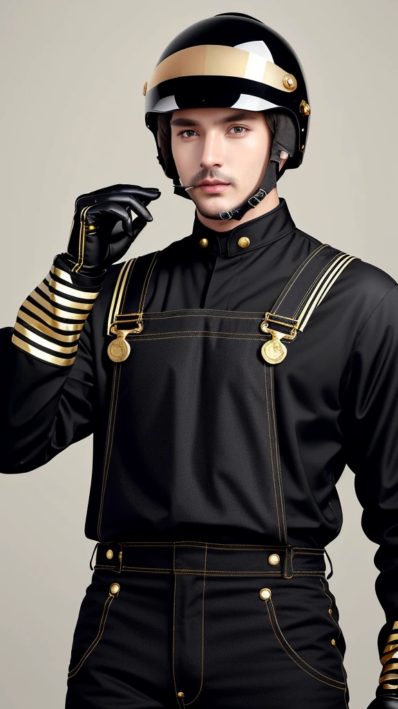 A avatar of a tall man, a misterious racer, stands trusting in a black racing helmet, adorned with gleaming gold accents, paired with sleek black overalls with a gold vertical stripes and vibrant black gloves, striking a victory pose. in a neutral background. High Quality, Realistic (Helmet) (right arm up)