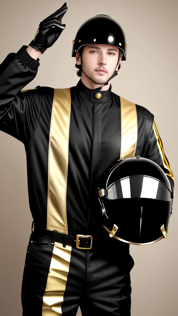 A avatar of a tall man, a misterious racer, stands trusting in a black racing helmet, adorned with gleaming gold accents, paired with sleek black overalls with a gold vertical stripes and vibrant black gloves, striking a victory pose. in a neutral background. High Quality, Realistic (Helmet) (right arm up)