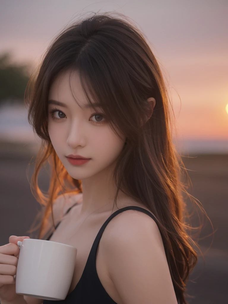 (((highest quality, 8k, masterpiece))), sharp focus, thin, cinematic lighting、perfection、soft light、high resolution skins:1.3、realistic skin texture、28 year old south Korean woman、small face、no makeup、long and curvy hair、dark blonde hair、Detailed beautiful brown eyes、bust A cup、medium breasts、wearing a suit black、CEO、cool beauty、sunset background、