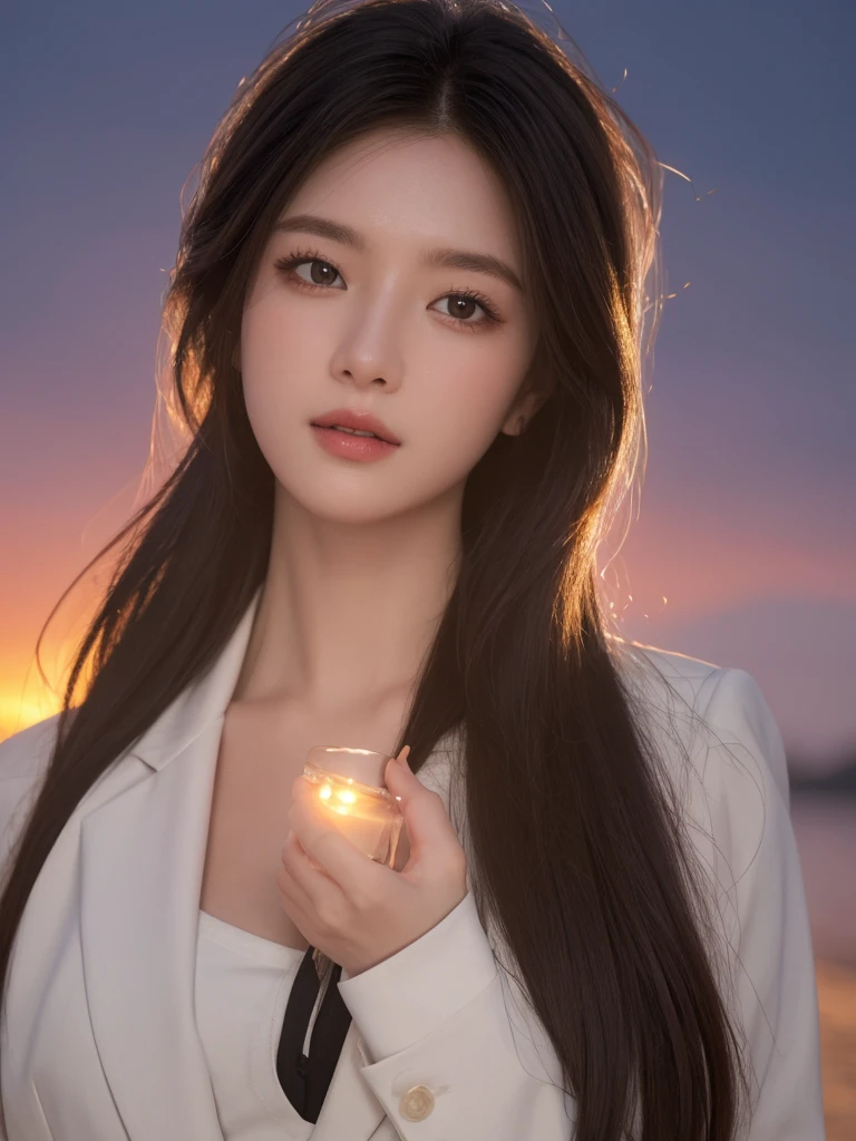 (((highest quality, 8k, masterpiece))), sharp focus, thin, cinematic lighting、perfection、soft light、high resolution skins:1.3、realistic skin texture、28 year old south Korean woman、small face、no makeup、long and curvy hair、dark blonde hair、Detailed beautiful brown eyes、bust A cup、medium breasts、wearing a suit black、CEO、cool beauty、sunset background、