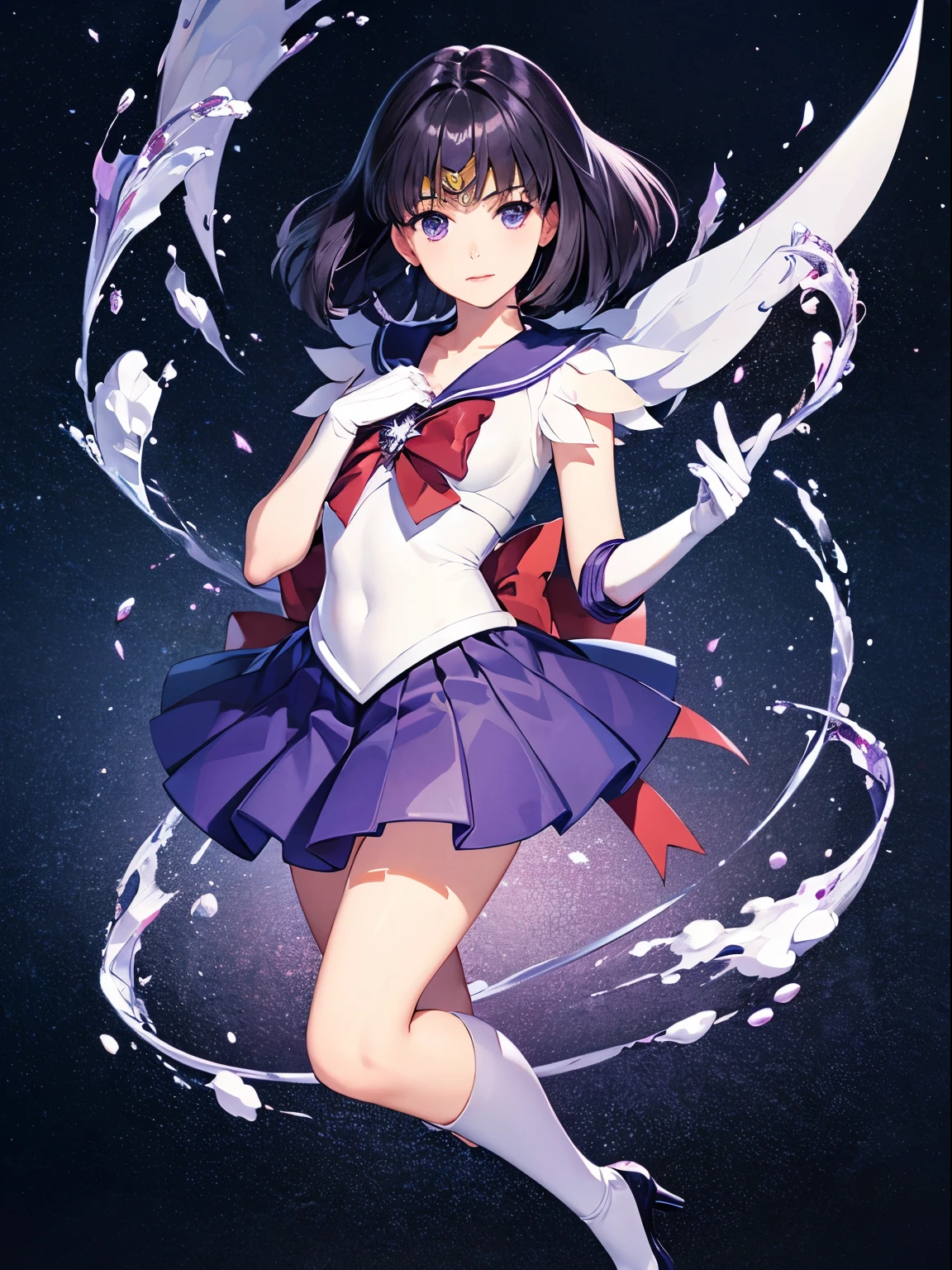 Sailor Saturn, 1 girl, black hair, short hair, purple eyes, detailed eyes, simple background, female focus, alone, Standing, Hotaru Tomoe, portrait, full body, (Masterpiece:1.0), (best quality:1.0) , (8k wallpaper:1.0), (detailed beautiful face:1.0), (detailed deep eyes), deep eyes, looking at viewer, Sailor Scout, lilac bow on chest, lilac skirt, white gloves, legs spread in shape of M,