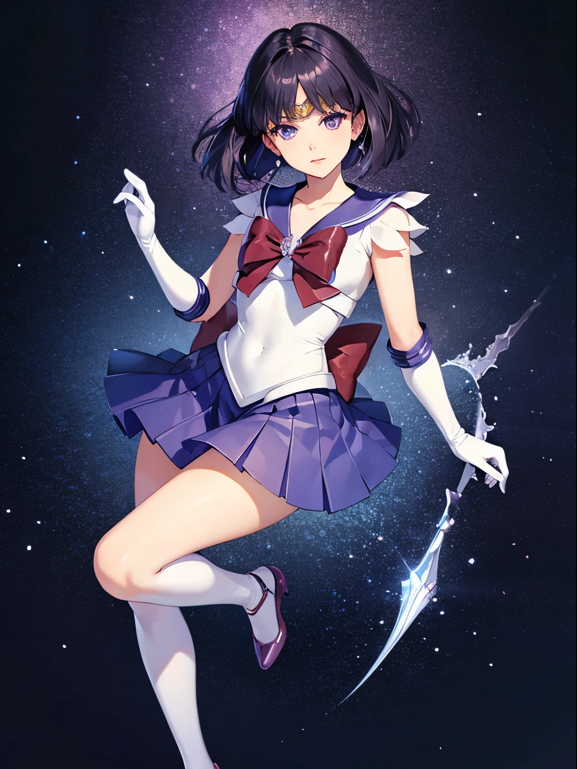 Sailor Saturn, 1 girl, black hair, short hair, purple eyes, detailed eyes, simple background, female focus, alone, Standing, Hotaru Tomoe, portrait, full body, (Masterpiece:1.0), (best quality:1.0) , (8k wallpaper:1.0), (detailed beautiful face:1.0), (detailed deep eyes), deep eyes, looking at viewer, Sailor Scout, lilac bow on chest, lilac skirt, white gloves, legs spread in shape of M,