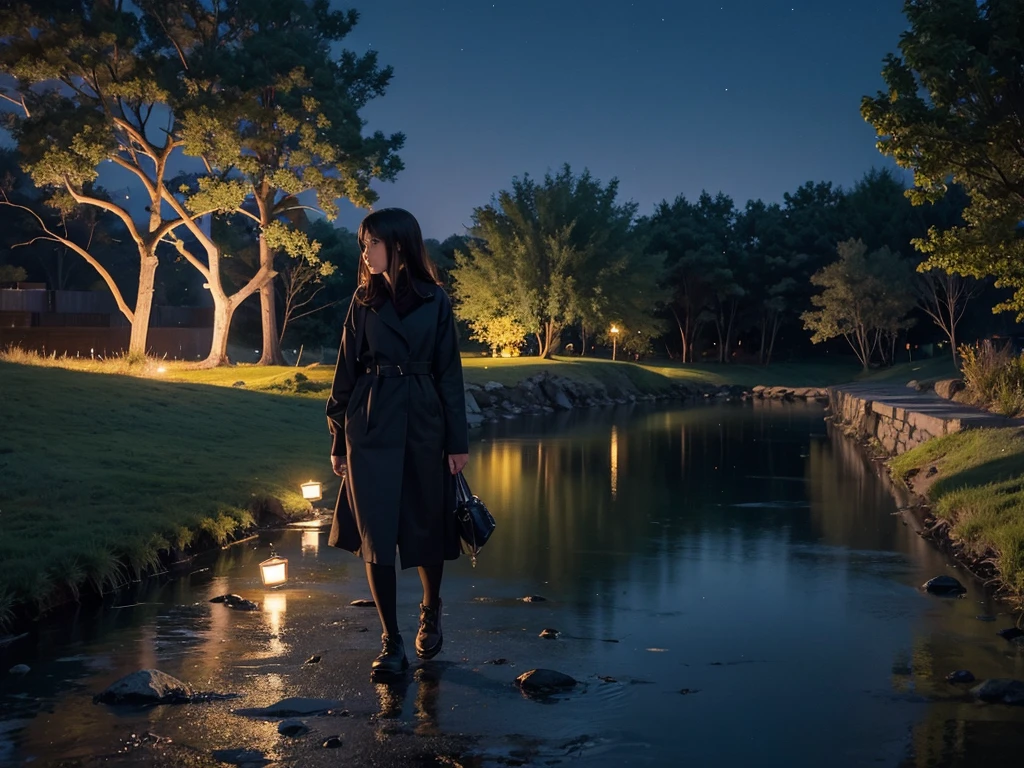 A beautiful girl,night,Walk by the creek,Solitary,