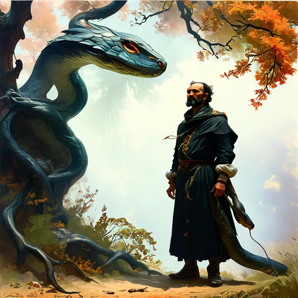 generate an image of a Georgian nationality, Georgian Middle-aged man in traditional outfit, with serious face, looking forward, under giant oak tree, man Bound by snake, man holding snake head, Autumn, leaf on ground, art by Albert Bierstadt