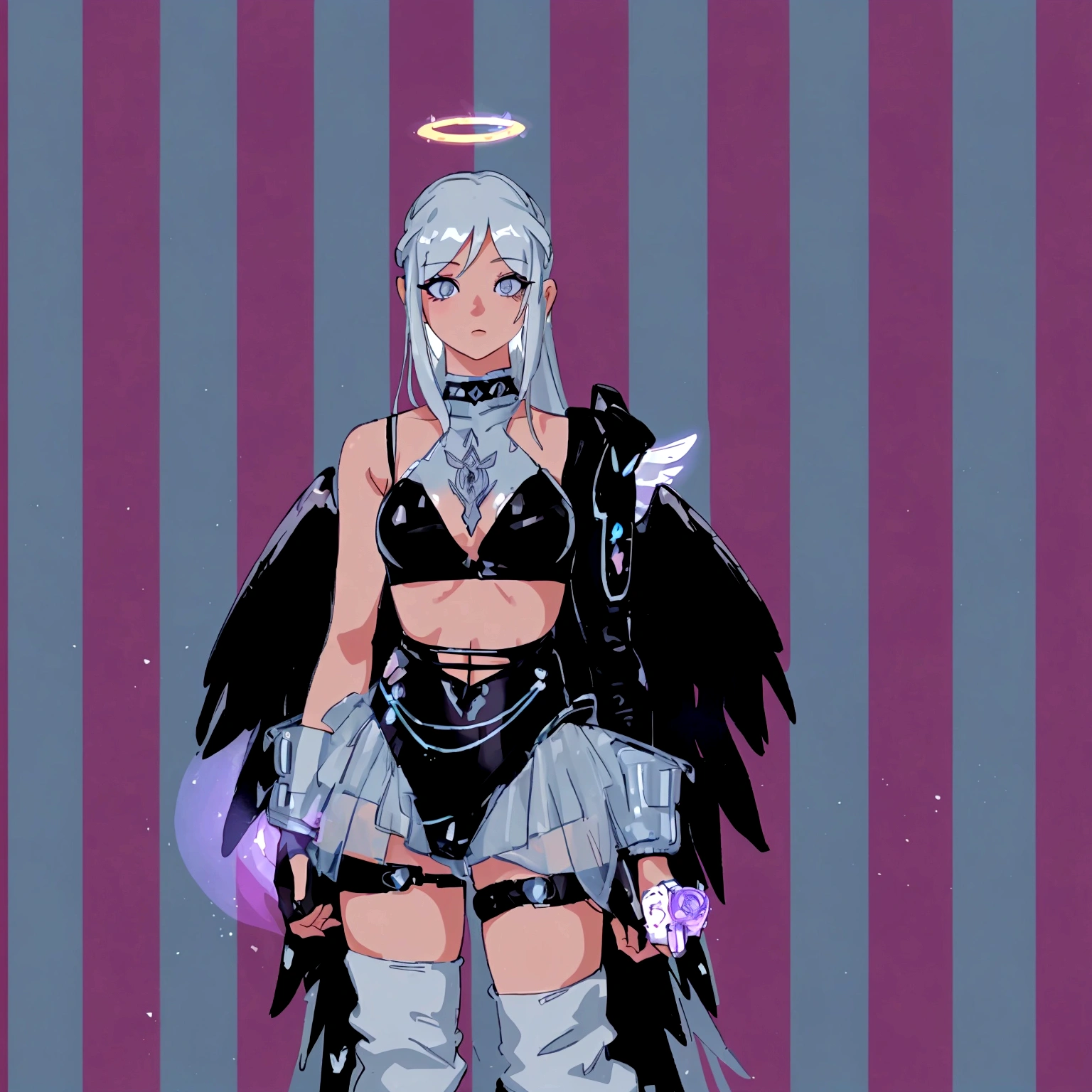 there is a woman dressed in a costume with wings and a halo, as a mystical valkyrie, tron angel, wearing angel, dark angel, pastel goth, angel knight gothic girl, full - body majestic angel, angel with black wings, beautiful cyborg angel girl, angel girl, angel knight girl, fantasy outfit, inspired by Marie Angel, wearing angel halo, ethereal flowerpunk