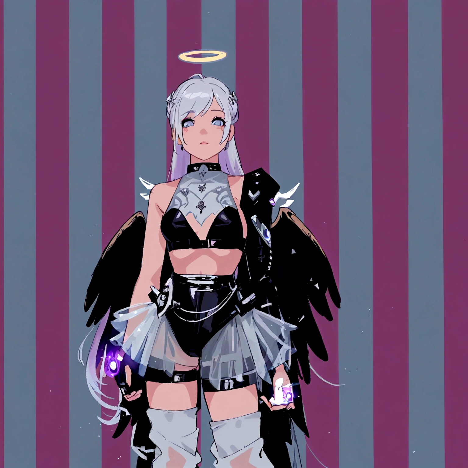 there is a woman dressed in a costume with wings and a halo, as a mystical valkyrie, tron angel, wearing angel, dark angel, pastel goth, angel knight gothic girl, full - body majestic angel, angel with black wings, beautiful cyborg angel girl, angel girl, angel knight girl, fantasy outfit, inspired by Marie Angel, wearing angel halo, ethereal flowerpunk