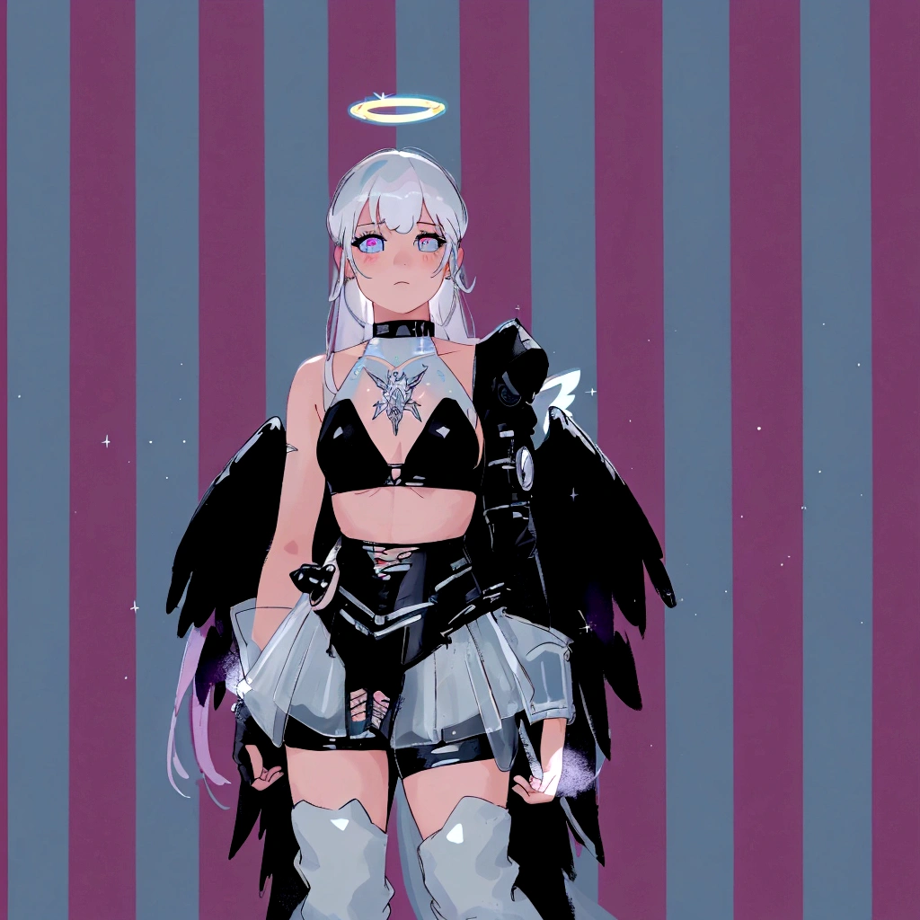 there is a woman dressed in a costume and boots posing, imvu, pastel goth, inspired by Marie Angel, as a mystical valkyrie, angel knight gothic girl, ethereal flowerpunk, chaos nightmare ❄️ amour, pastel goth aesthetic, astral fairy, fairycore, angel girl, angel knight girl, dark angel, angel with black wings, wearing angel, angel themed