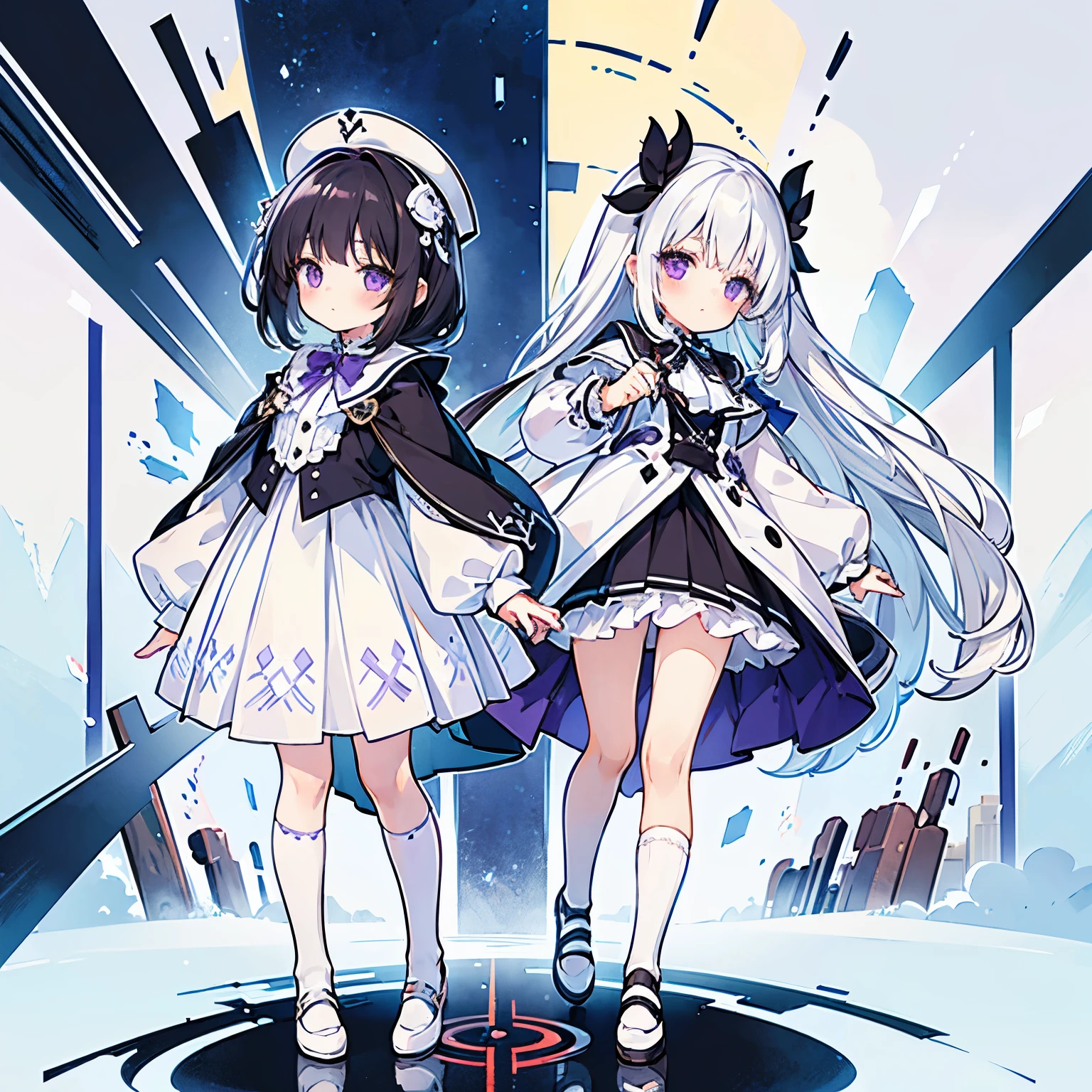 ((best quality)), ((masterpiece)), (detailed), whole body,2 girls,,1 girl with white hair, eyes, white suit, white JK skirt, white stockings。1 black hair purple eyes black suit black JK skirt black girl