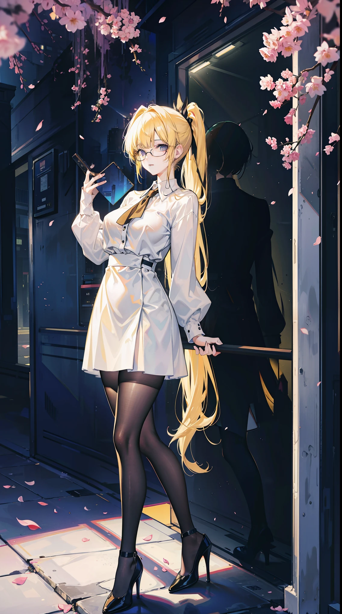 Young and beautiful Kathryn Newton, Glasses, White dress shirt, Very deep neckline, Black Mini Dress, Dark pantyhose, Surreal, , Model figure, Large Breasts, Beautiful breasts, Big Ass, Long hair, Random Hairstyle, Blonde hair,Ponytail, Long legs, 8K, futuristic city, Cherry blossoms, sunrise, LED lighting, Anime style, ((Leaning against the wall,Sideways posture))
