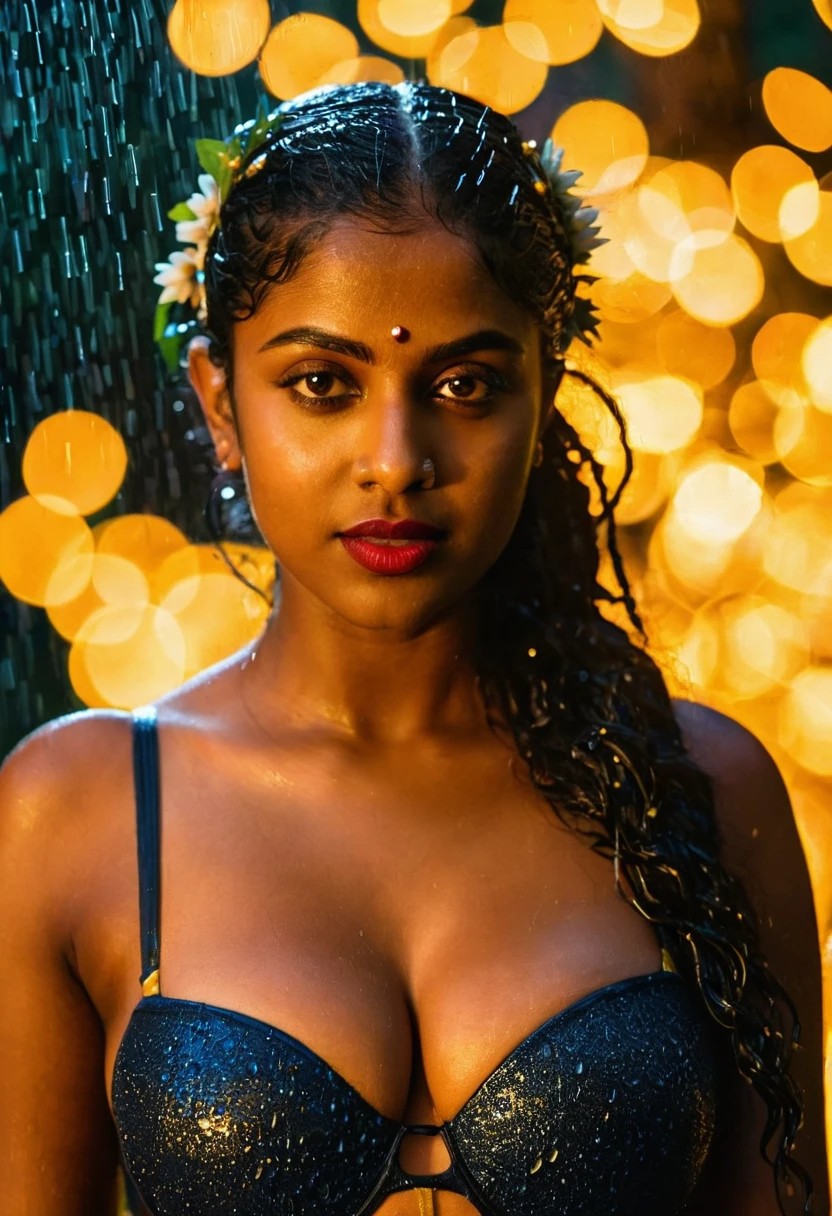 (((photo of a ancient kerala crowned temple goddess ))),blackmagic,  dark blue tall sci-fi fern forest, (((black kali))) , (((Half Body))), blue glowing flies, dancing   (((very dark skin))), (((age 35+))), (((plus size chubby tall))), ((volume lights))), (((huge busty milky wet big massive boobs))), (((nude thick thigh))), (((ancient black panties))), ((black skin dark body)), (((red ornaments))), (((depth of field))), ((( flame bokeh))), (((rain))), ((( flashing light leaks))), (((divine))), photorealistic,photo, realism, Getty Images, RAW candid cinema, 16mm, colour graded portra 400 film, remarkable colour, ultra realistic, textured skin, remarkable detailed pupils, realistic dull skin noise, visible skin detail, skin fuzz, dry skin, shot with cinematic,light leaks, RAW Image, DOF, depth of field,bokeh,18yo girl