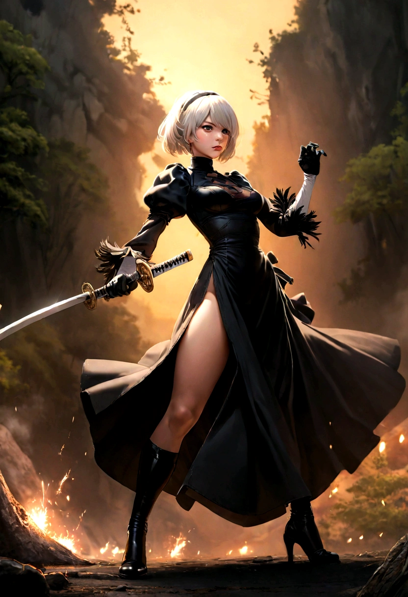 2b,(work of art), ultra detaild, fully body, soft hair, black gown, neckleace, Action, battle pose, standing with legs open, katana, wall-paper, destroyed forest background, SUNSET, smoke in the sky, sparks, serious facial expression, ideal female body, adult, opaque color palette, 真实感, ( realistic styling)
