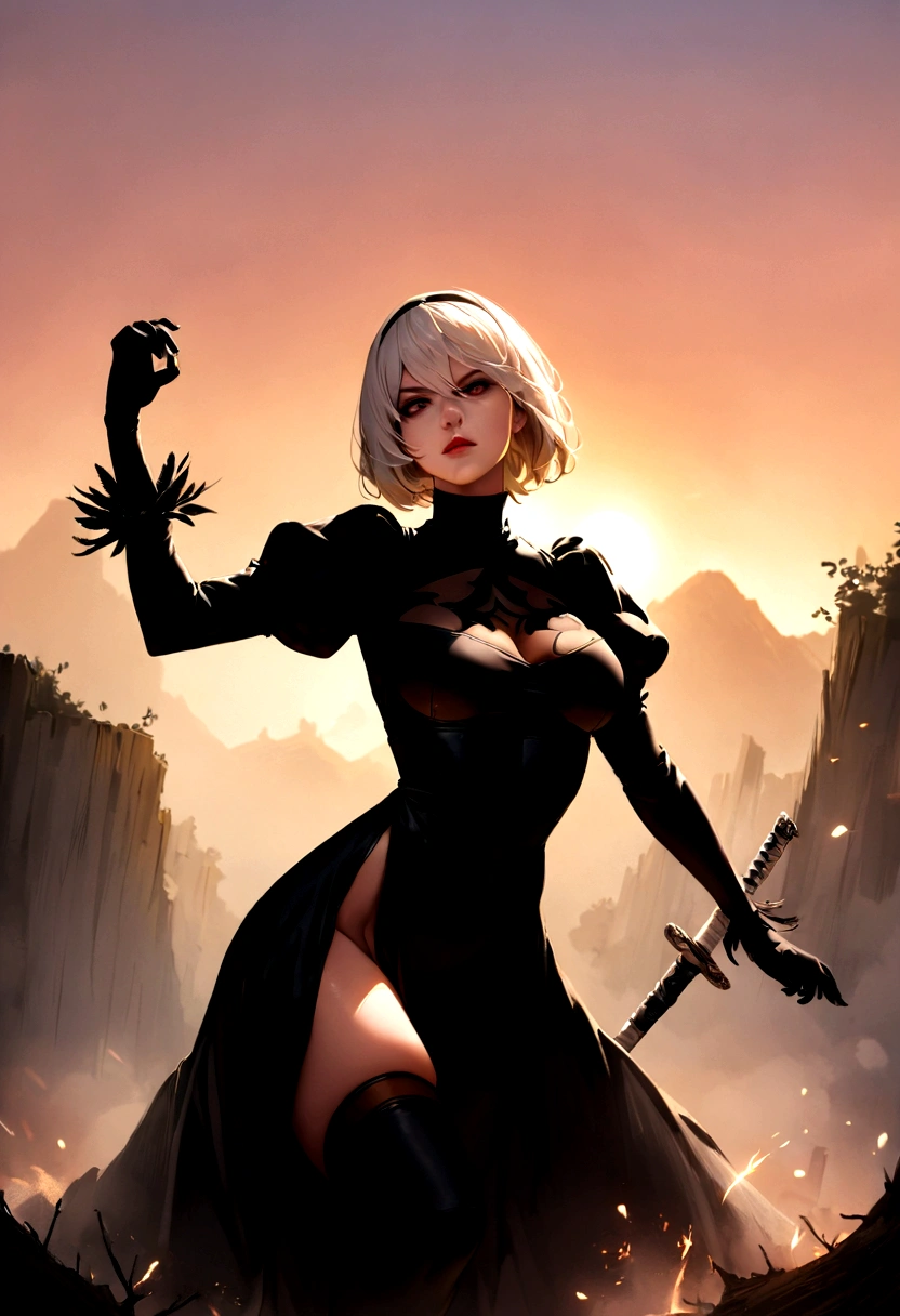 2b,(work of art), ultra detaild, fully body, soft hair, black gown, neckleace, Action, battle pose, standing with legs open, katana, wall-paper, destroyed forest background, SUNSET, smoke in the sky, sparks, serious facial expression, ideal female body, adult, opaque color palette, 真实感, ( realistic styling)