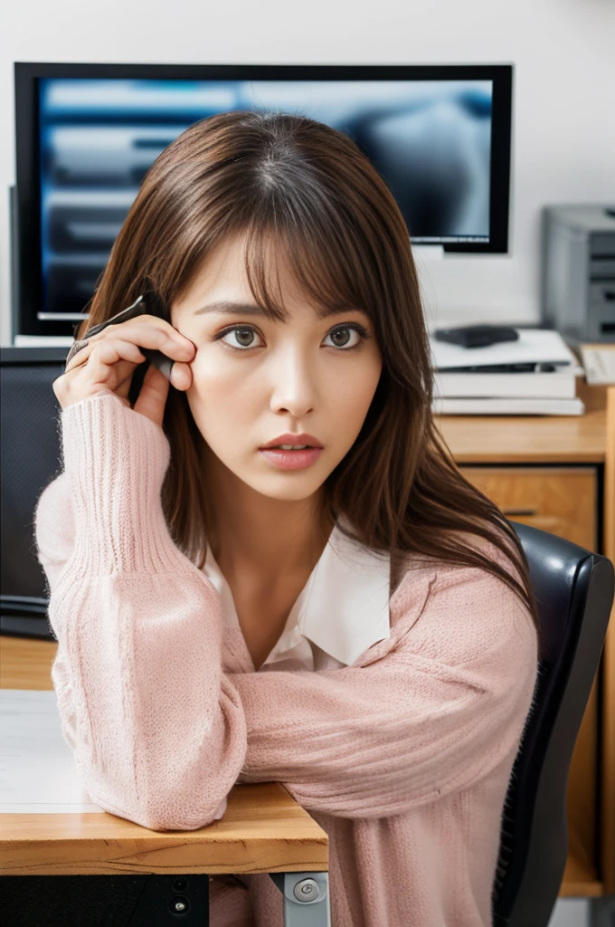 ( (realistic:1.55), (RAW photo, 8K:1.2), (超Realistic), (highest quality, 8K, 16K, table top, ultra HD), (masterpiece:1.2) ), (Improvement of quality:1.4), (very beautiful facial details), (Highest quality realistic skin texture:1.4), (perfect anatomy:1.2), office lady, precise fingers, Super detailed, symmetrical eyes, front shot, view audience, 1 Lady, 30 year old supermodel, sit on a chair, natural makeup, ((highly detailed eyes:1.3)), (tired, sleepy and satisfied:0.0), (fine lips:1.33), (fine nose:1.2), ((chromium:1.3)), ((wearing a white blouse:1.2)), ((pink cardigan, floral skirt)), (inside the office:1.8)), ((Desk computer:1.6)), Hang the name holder around your neck, because I'thin:1.2, Small buff), (thin:1, slim lower body), brown hair, (short hair:1.3, smiling face, professional lighting, epic and emotional movie lighting,