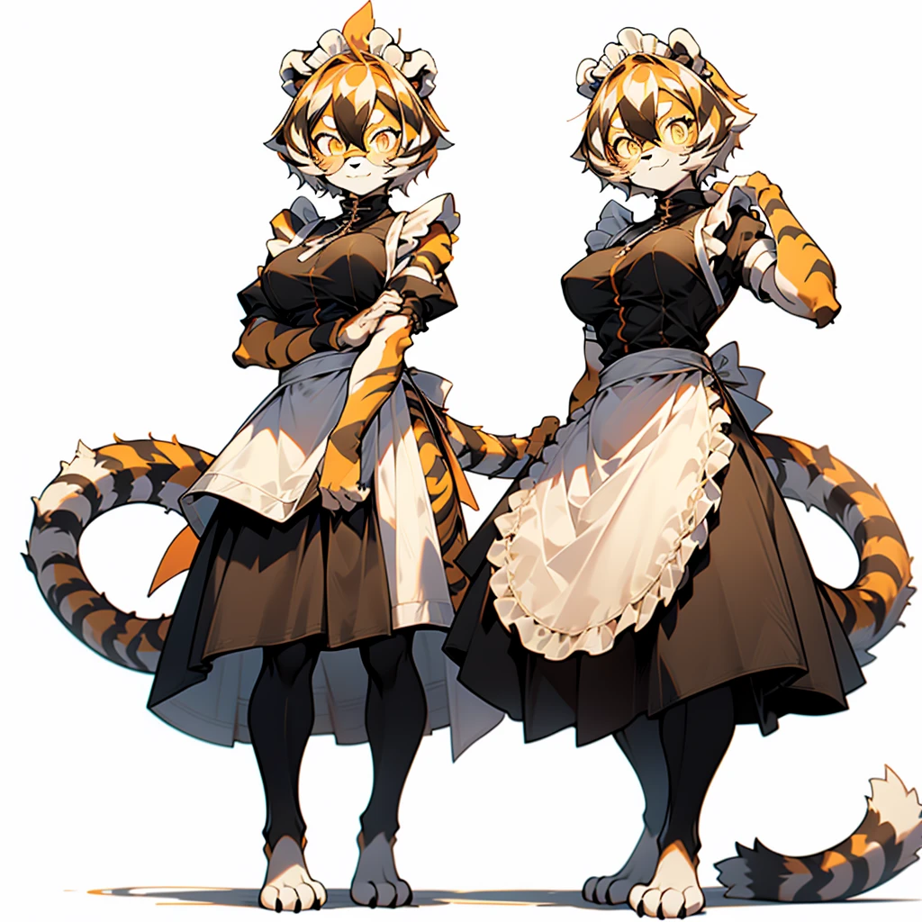 white background, full body, ((1girl,furry)), Standing Yoga mat, animal ears, arknights, white hair, black hair, round eyewear, glasses, OPPEIN, short hair, large breasts, muscle, tail, orange eyes, orange hair, multicolored hair, tiger girl, furry female, hair between eyes, tiger_ears, tiger_tail, orange-tinted_eyewear, tinted_eyewear, Sophorae, ワイフー, tattoo, petite, neck tattoo, big breasts, stomach tattoo, bra, panties, evil smile, Shadows under feet, Abdominal muscles, Yoga tights, Yoga balls,(((maid dress:1.5)))