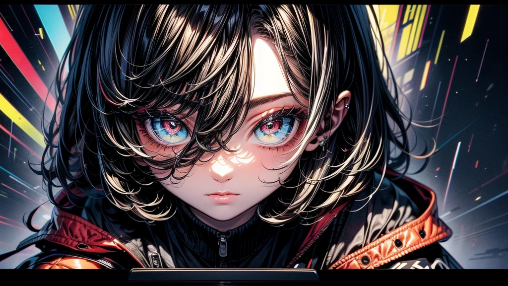 High resolution digital art style with vibrant colors and sharp lines BREAK Characters sitting、An oblique perspective of a man facing slightly upwards towards the viewer BREAK A young male character with thinning hair, Blue eyes, Geometric clothing, Modern sneakers BREAK A complex background made up of a maze of orange and black circuit-like patterns.